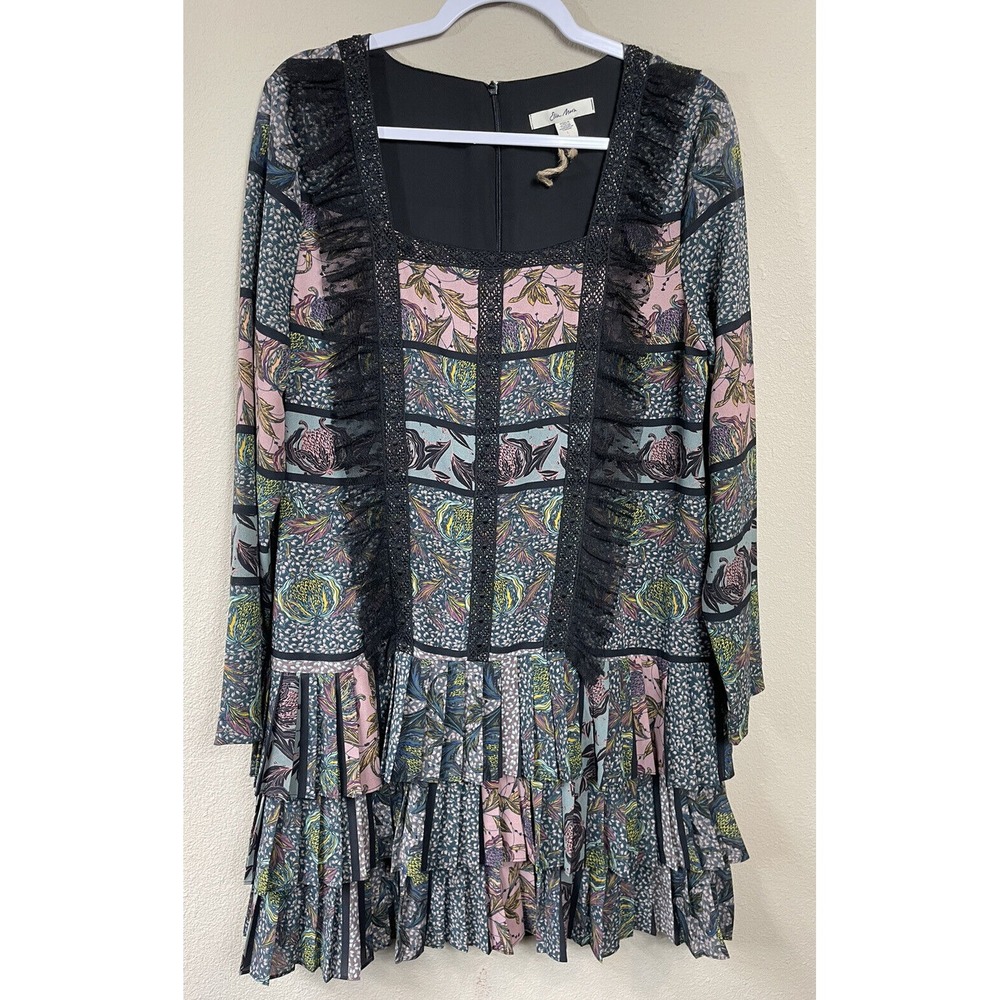 Ella Moon Multicolor LS tiered lagenlook lace layered pleats boho dress, sz L‎
